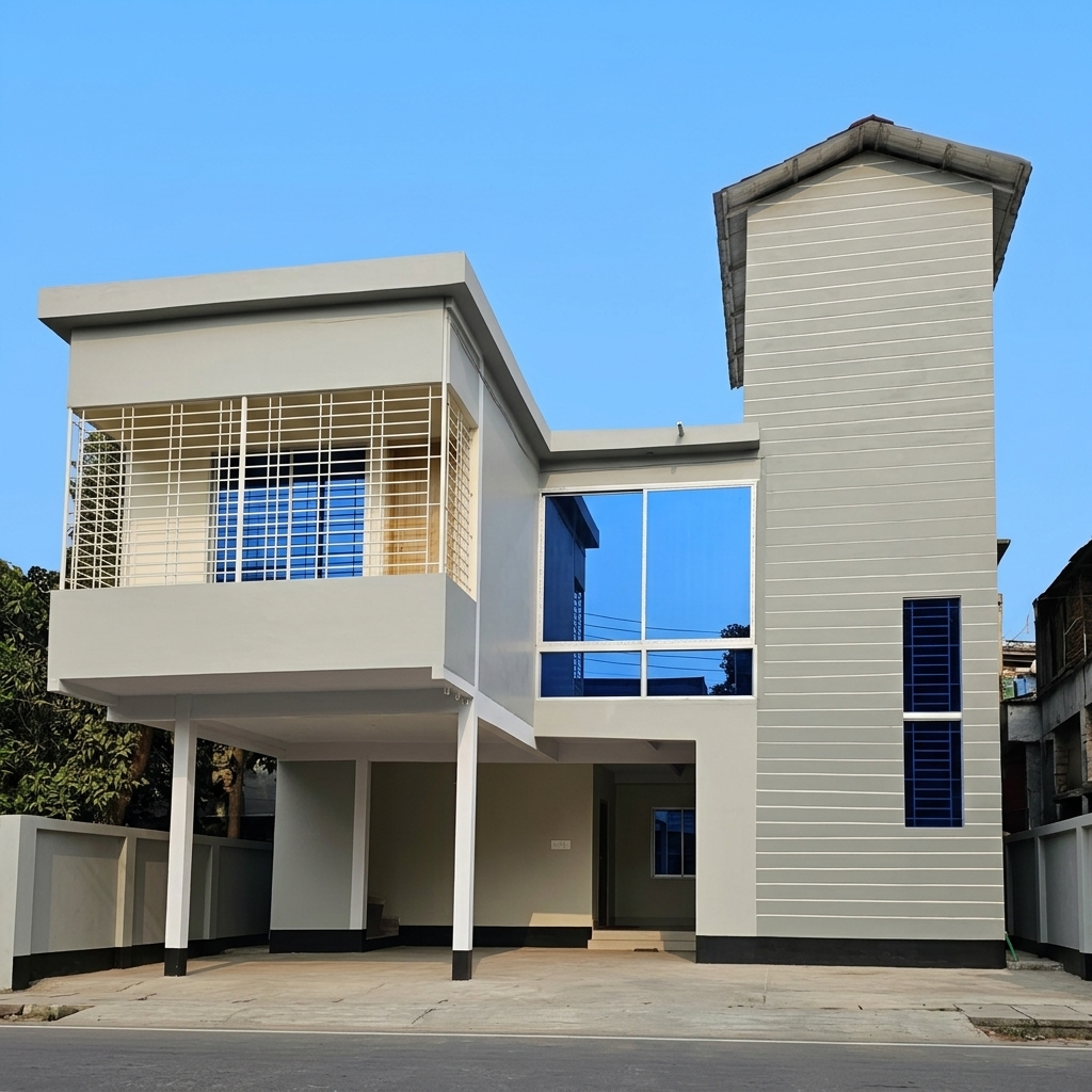 Completed exterior of prefab steel building in Baunia, Airport