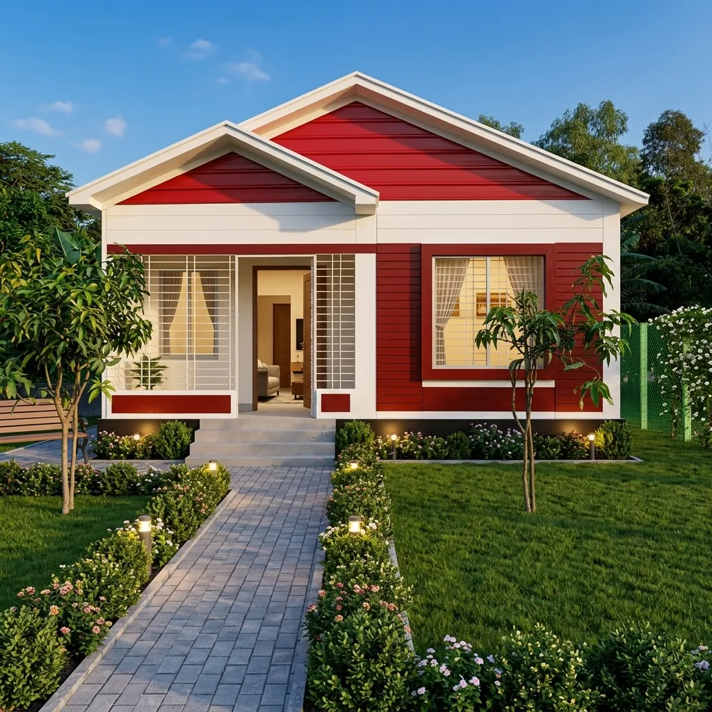 Red and white prefab cottage house in Gabtoli, Bogra