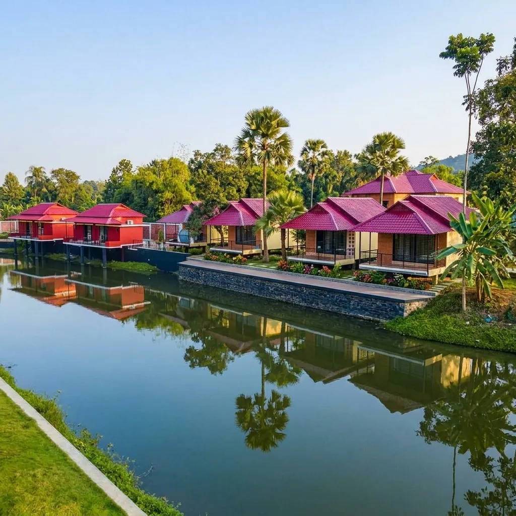 Prefab steel cottages over water at Kokomo Sunset Resort