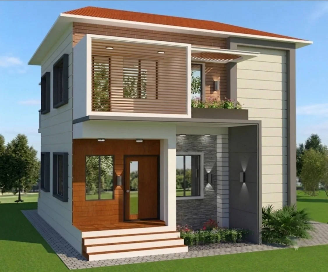 BH-DV-205 duplex steel building exterior showing 5 bedroom layout, anti‑rust primed and painted steel finish.